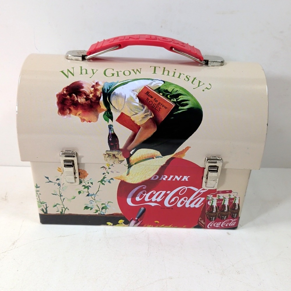 Coca Cola Lunch Box Tin Box w/ Handle "Why Grow Thirsty?" Girl picking flowers